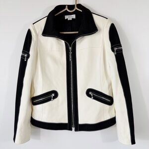 St. John Sport Cream Leather Jacket Black Detail Size Small